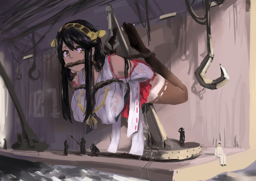 absurdres admiral_(kantai_collection) bdsm black_hair bondage boots bound breasts brown_eyes giantess hairband haruna_(kantai_collection) headgear highres hogtie huge_breasts kantai_collection kuro_(zhurunbo1997) long_hair nontraditional_miko pussy_juice skirt suspension tears thigh_boots thighhighs