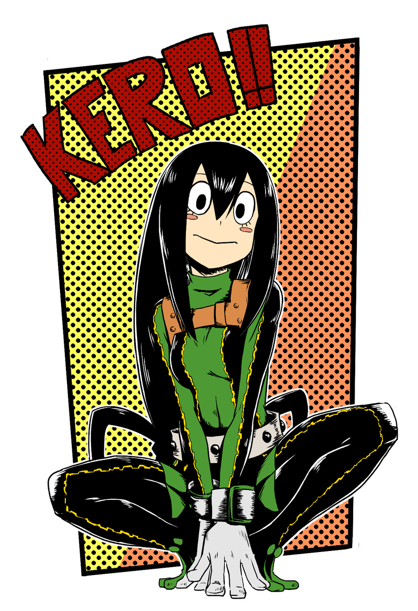 :&gt; asui_tsuyu belt black_eyes black_hair bodysuit boku_no_hero_academia frog_girl gloves green_bodysuit hair_rings hatsuka highres long_hair looking_at_viewer low-tied_long_hair outline solo squatting white_gloves