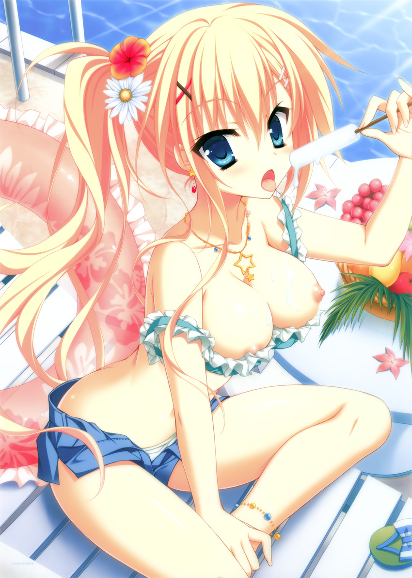 :p absurdres asahina_shin bikini blonde_hair blue_bikini blue_eyes breast_slip breasts breasts_outside chair cleavage eating food hibiscus_print highres ice_cream innertube jewelry karumaruka_circle large_breasts leaf light_rays looking_at_viewer lounge_chair necklace nipple_slip nipples one_breast_out open_fly pool pool_ladder popsicle side_ponytail sunlight swimsuit tongue tongue_out toranosuke
