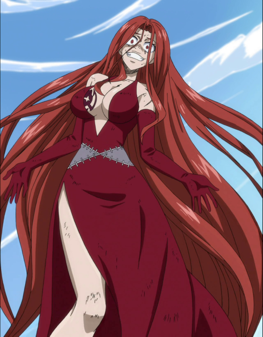 1girl bare_shoulders breasts cloud crazy dirty elbow_gloves fairy_tail flare_corona gloves red_eyes red_hair scar screencap solo stitched tattoo tattooed_breast
