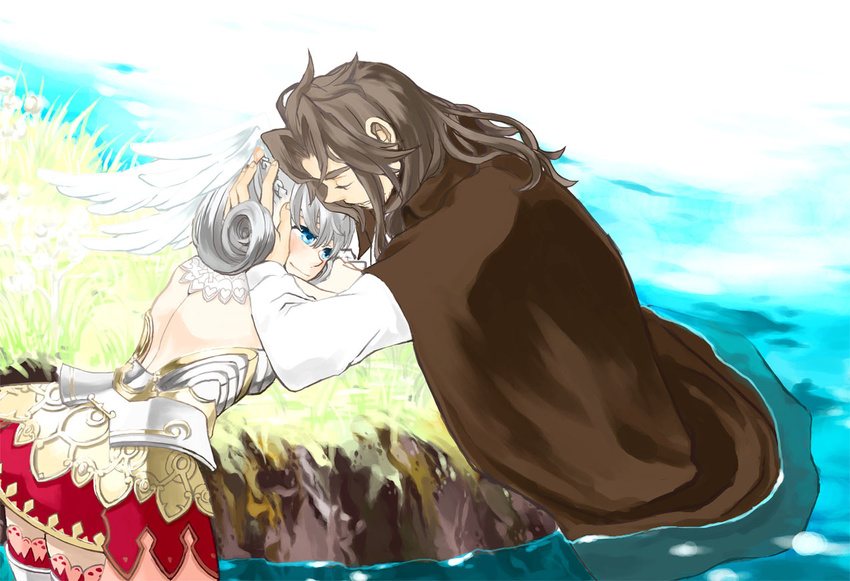 1girl blue_eyes brown_hair cape dunban head_wings hetero hug iria_(cbjam) melia partially_submerged silver_hair xenoblade_(series) xenoblade_1