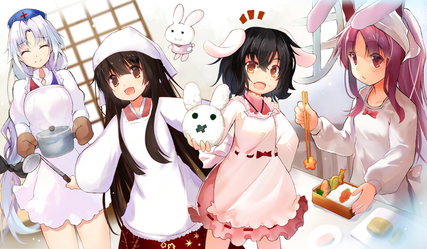 :d ^_^ animal_ears black_hair braid brown_eyes brown_hair bunny bunny_ears closed_eyes dress efe fang food food_on_face hat head_scarf houraisan_kaguya inaba_tewi japanese_clothes jewelry kappougi kitchen ladle long_hair long_sleeves mittens multiple_girls necklace nurse_cap obentou onigiri open_mouth outstretched_arms pink_dress pot purple_hair red_eyes reisen_udongein_inaba ribbon-trimmed_clothes ribbon_trim short_hair silver_hair smile tenugui touhou very_long_hair wide_sleeves yagokoro_eirin