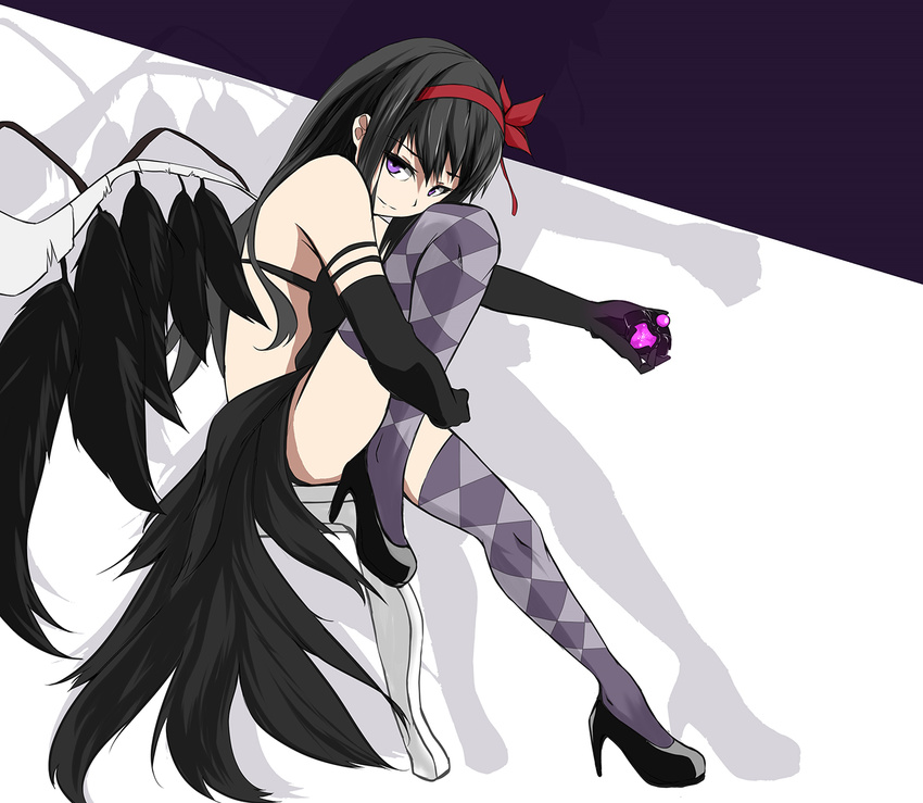 akemi_homura akuma_homura argyle argyle_legwear bare_shoulders black_gloves black_hair chair dark_orb_(madoka_magica) den_(kur0_yuki) elbow_gloves flower from_side gloves hair_flower hair_ornament hair_ribbon half-dress high_heels knee_up legs long_hair looking_at_viewer mahou_shoujo_madoka_magica mahou_shoujo_madoka_magica_movie outstretched_leg ribbon silhouette sitting solo soul_gem thighhighs very_long_hair wings