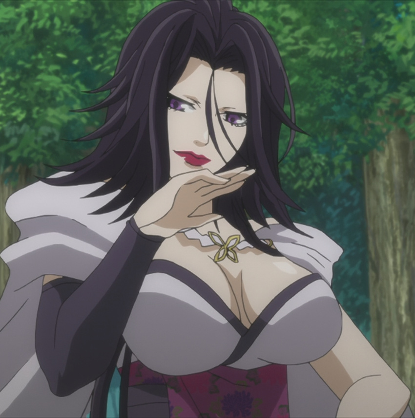 1girl black_hair brave_10 breasts cleavage corset female highres kaiyo kaiyo_(brave_10) large_breasts long_hair purple_eyes red_lipstick screencap solo