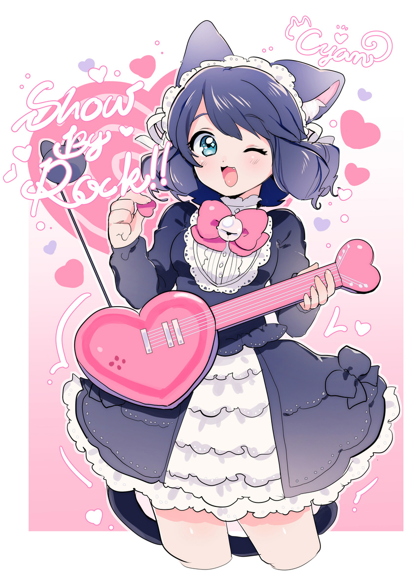 ;3 ;d animal_ears bell blue_eyes blue_hair border bow cat_ears cat_tail character_name collar copyright_name curly_hair cyan_(show_by_rock!!) dress frilled_dress frills gradient gradient_background guitar headband heart heart_guitar highres instrument jingle_bell looking_at_viewer miyako_(xxxbibit) one_eye_closed open_mouth outside_border pink_background pink_bow ribbon short_hair show_by_rock!! smile solo strawberry_heart tail white_background white_border