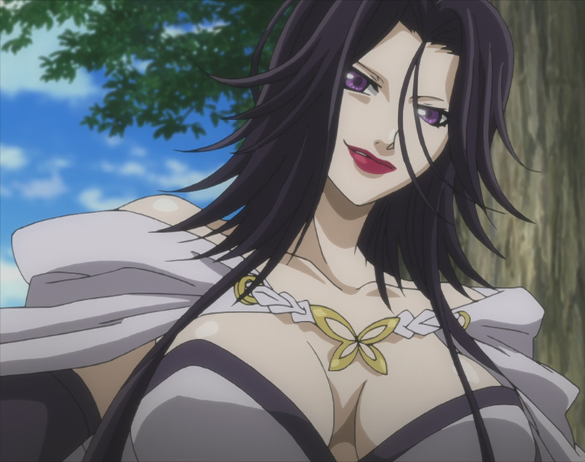 1girl black_hair brave_10 breasts corset female highres kaiyo kaiyo_(brave_10) large_breasts long_hair purple_eyes red_lipstick screencap solo