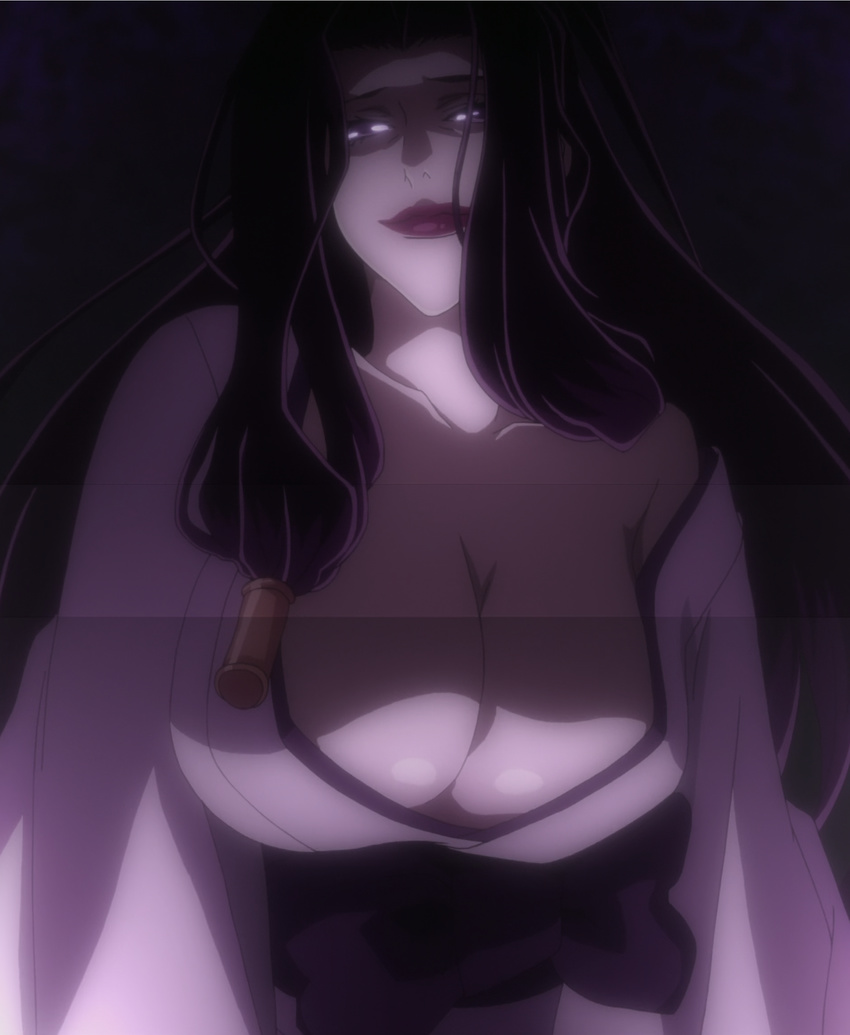 1girl black_hair brave_10 breasts cleavage corset female highres kaiyo_(brave_10) large_breasts long_hair okatsu purple_eyes red_lipstick screencap solo stitched