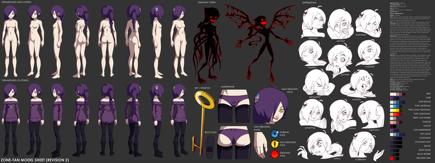 absurdres alternate_eye_color alternate_form anger_vein ass black_footwear blue_eyes boots character_sheet color_guide demon demon_girl demon_tail demon_wings english expressions eyelashes facial_mark forked_tongue hair_ornament highres key multiple_views navel no_nipples no_pussy nude off_shoulder original pale_skin panties ponytail print_panties purple_hair purple_panties red_eyes skull_print slit_pupils tail text_focus thighhighs tongue turnaround underwear weapon wings yellow_eyes zone zone-tan