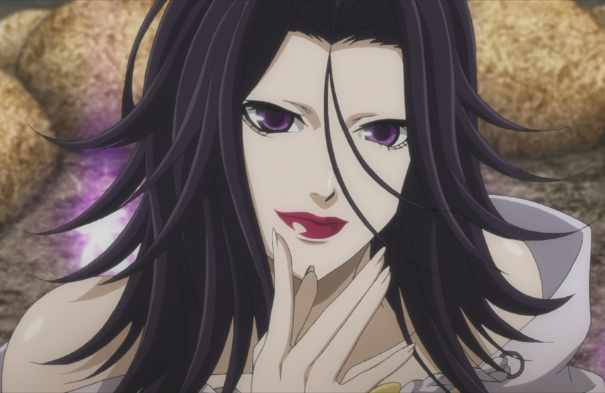 1girl black_hair brave_10 breasts corset female highres kaiyo kaiyo_(brave_10) large_breasts long_hair purple_eyes red_lipstick screencap solo