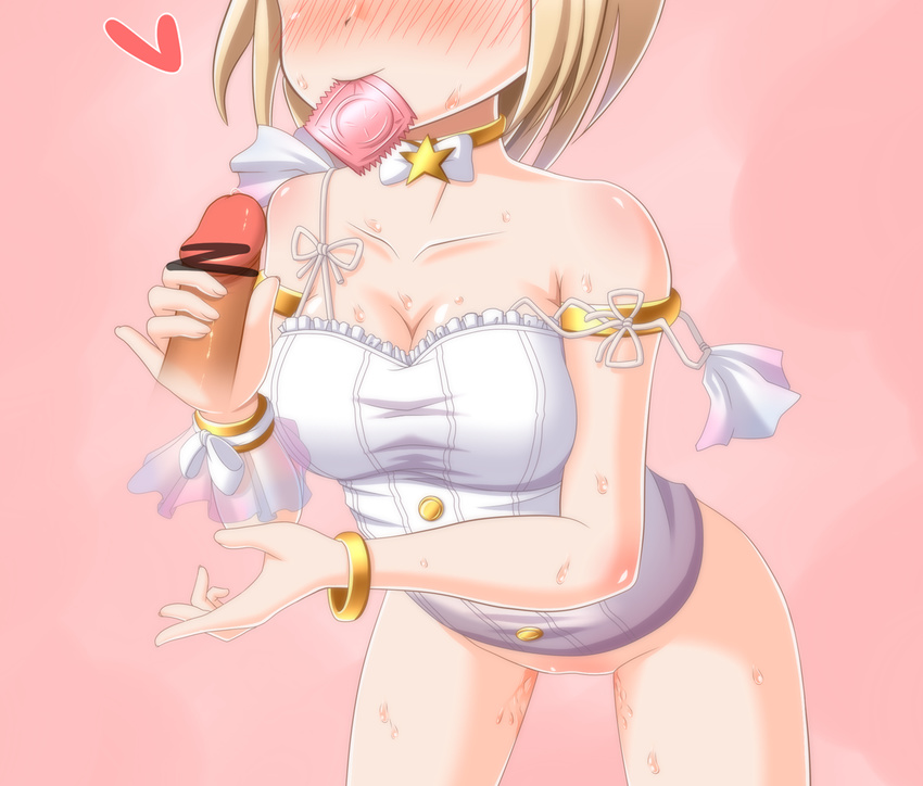 alternate_costume blonde_hair blush bottomless breasts cleavage condom condom_in_mouth disembodied_penis djeeta_(granblue_fantasy) granblue_fantasy idol medium_breasts mouth_hold penis short_hair star strap_slip superstar_(granblue_fantasy) takasimareki