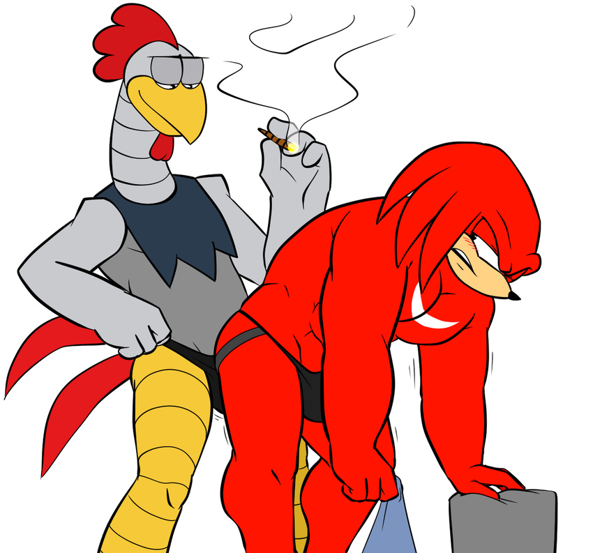 anthro bbulala_(artist) blush knuckles_the_echidna machine male male/male mechanical muscles robot scratch scratch_(character) scratch_(sonic) smoking sonic_(series) tagme