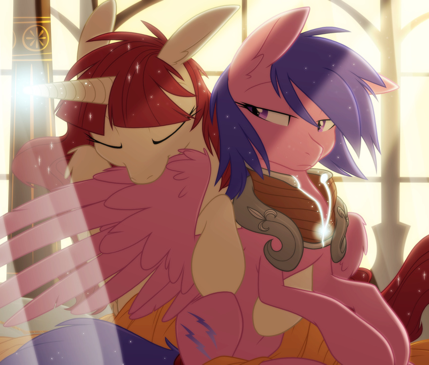 2015 armor blue_hair duo equestria-prevails equine female firefly_(mlp) hair horn lauren_faust_(character) mammal my_little_pony preening red_hair winged_unicorn wings