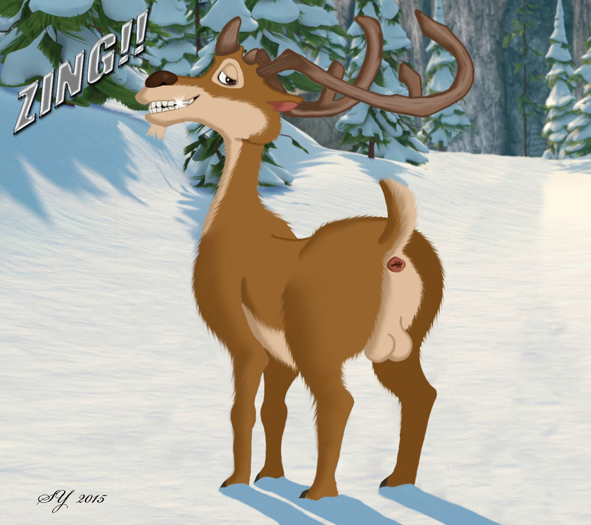 balls butt cervine deer feral ice_age looking_at_viewer male mammal pose prancer reindeer skateryena snow