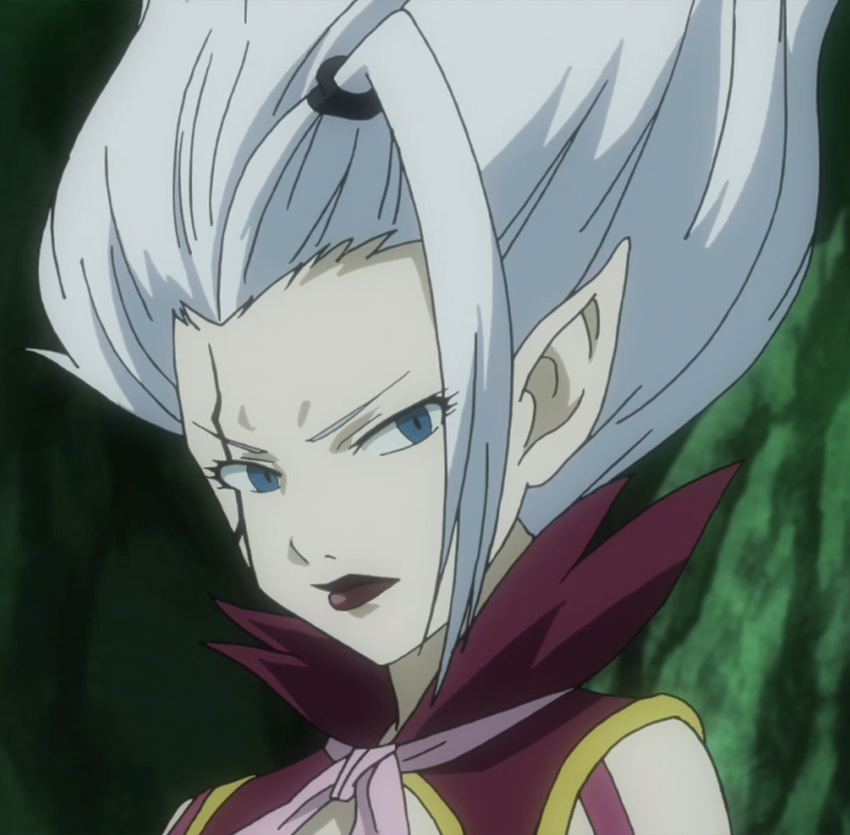 1girl blue_eyes crack demon demon_girl elf fairy_tail highres lips lipstick long_hair mirajane mirajane_strauss pointy_ears red_lipstick ribbon scarf screencap silver_hair solo stitched white_hair