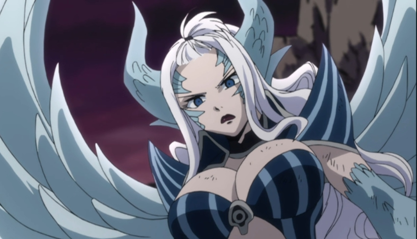 blue_eyes breasts cleavage crack demon demon_girl demon_tail dragon fairy_tail female highres horns large_breasts lips lipstick long_hair makeup midriff mirajane mirajane_strauss pointy_ears red_lipstick ribbon scales scarf screencap silver_hair solo stitched tail white_hair wings