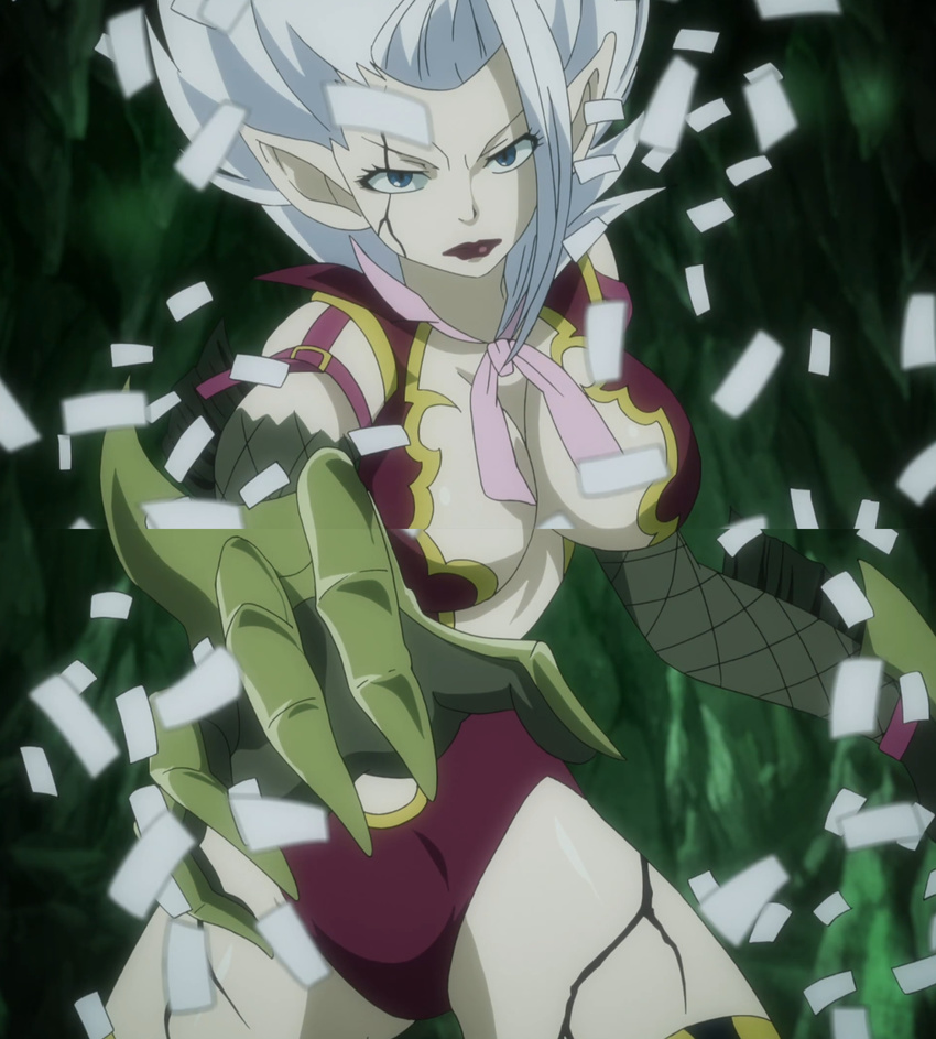 blue_eyes breasts claws cleavage crack demon demon_girl demon_tail elf fairy_tail female highres large_breasts lips lipstick long_hair makeup midriff mirajane mirajane_strauss pointy_ears red_lipstick ribbon scales scarf screencap silver_hair solo stitched tail thighhighs white_hair