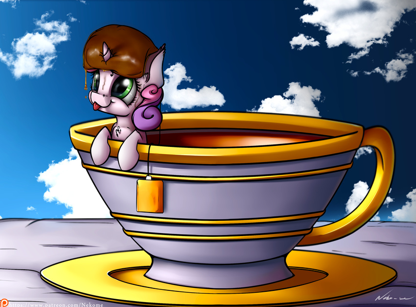 2015 beverage cloud cute equine female feral friendship_is_magic fur green_eyes hair hi_res horn mammal micro my_little_pony neko-me plate sky solo sweetie_belle_(mlp) tea teabag teacup tongue tongue_out two_tone_hair unicorn white_fur young