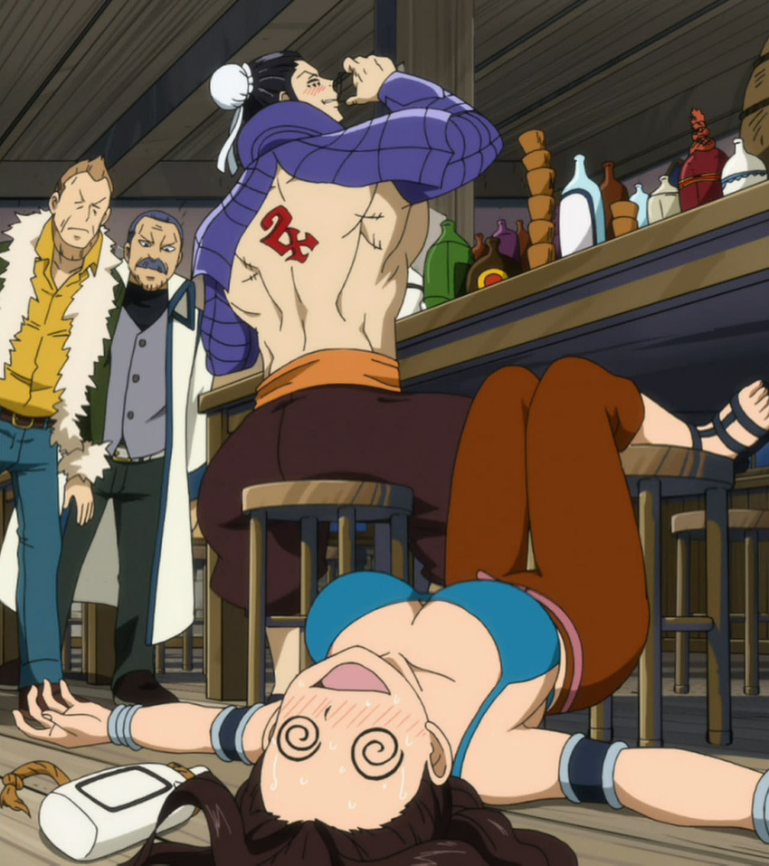 1girl 3boys @_@ bacchus_groh bikini_top black_hair blush breasts brown_hair cana_alberona drunk fairy_tail macao_conbolt multiple_boys mustache screencap stitched tattoo wakaba_mine