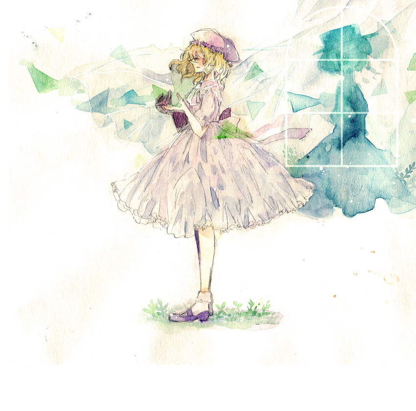 blonde_hair hat maribel_hearn multiple_girls purple_eyes sash shiratsuyu silhouette touhou traditional_media usami_renko watercolor_(medium)