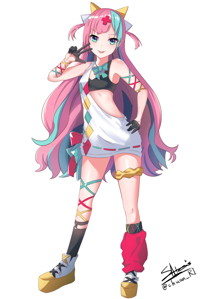 1girl :p absurdres aqua_hair bare_shoulders black_gloves black_legwear bow breasts brown_footwear brown_scrunchie closed_mouth dress full_body gloves green_bow green_eyes half_gloves hand_on_hip head_tilt highres horns ichikawayan long_hair looking_at_viewer mismatched_legwear multicolored_hair pink_hair pinky_pop_hepburn pinky_pop_hepburn_official platform_footwear red_legwear ribbon-trimmed_dress scrunchie shoes signature simple_background small_breasts smile socks solo sports_bra standing tongue tongue_out twitter_username two-tone_hair two_side_up v-shaped_eyebrows very_long_hair virtual_youtuber w white_background white_dress