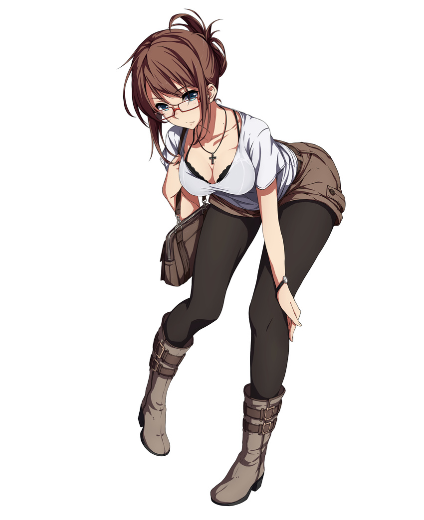 belt_boots black_bra black_legwear blue_eyes boots bra breasts brown_hair cleavage cross cross_necklace fashion glasses gloves highres jewelry lace legwear_under_shorts light_smile long_hair looking_at_viewer medium_breasts mole mole_on_neck necklace original pantyhose sblack short_shorts shorts simple_background solo underwear white_gloves