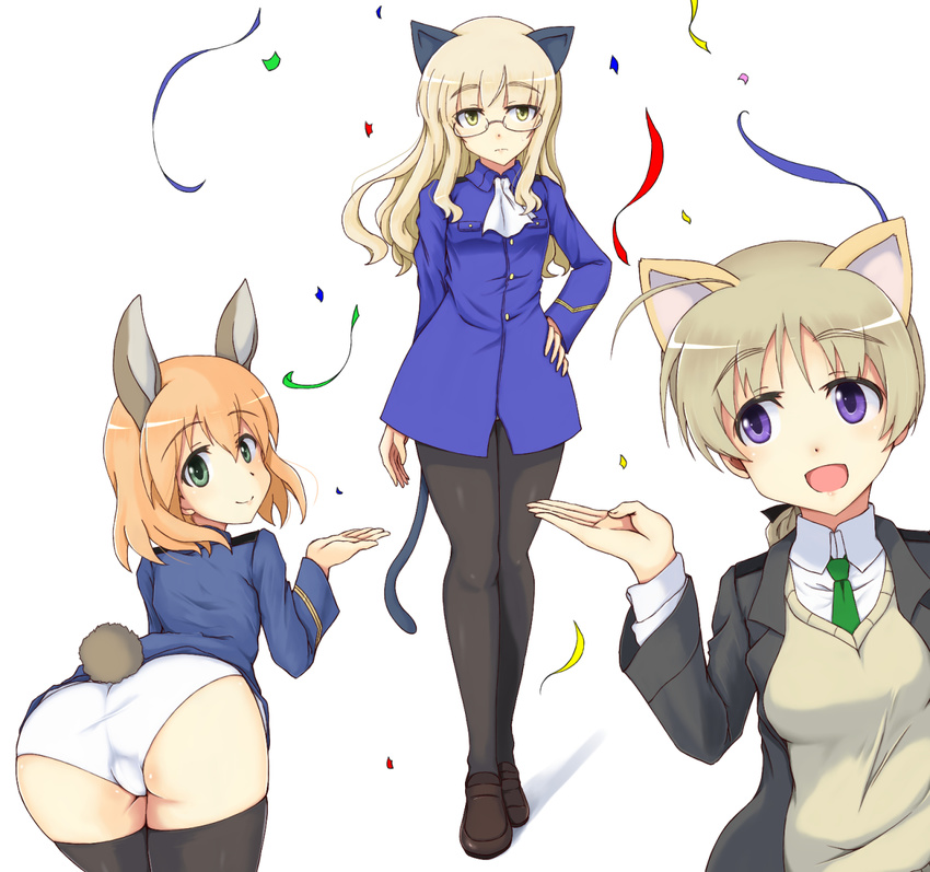 amelie_planchard animal_ears ass black_legwear blonde_hair braid bunny_ears bunny_tail cat_ears cat_tail confetti extra_ears glasses green_eyes hand_on_hip highres isosceles_triangle_(xyzxyzxyz) lynette_bishop military military_uniform multiple_girls open_mouth orange_hair panties pantyhose perrine_h_clostermann purple_eyes smile strike_witches tail thighhighs underwear uniform white_panties world_witches_series yellow_eyes