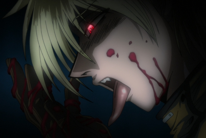 1girl blonde_hair blood breasts hair_over_one_eye hellsing highres large_breasts lick licking military military_uniform red_eyes screencap seras_victoria short_hair solo tongue uniform vampire
