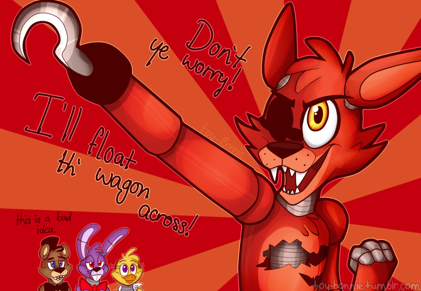 animatronic avian bear bird blue_eyes bonnie_(fnaf) bow_tie canine chica_(fnaf) chicken english_text eye_patch eyewear female five_nights_at_freddy's fox foxy_(fnaf) freddy_(fnaf) hat hook lagomorph machine male mammal mechanical purple_eyes rabbit red_eyes robot teeth text top_hat toy-bonnie video_games yellow_eyes