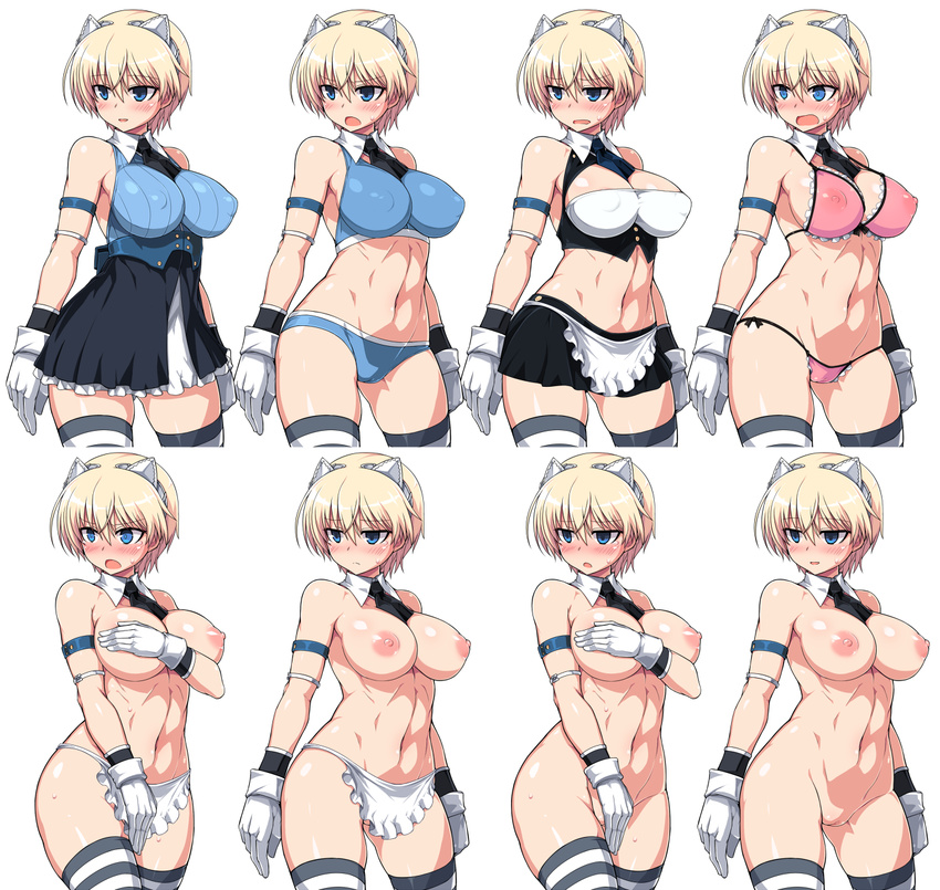 alternate_costume apron arm_strap ascot bad_id bad_twitter_id blonde_hair blue_eyes blush bra brave_witches breasts cameltoe character_sheet costume_chart covered_nipples detached_collar frilled_bra frilled_panties frills gloves highres impossible_clothes large_breasts multiple_views navel nikka_edvardine_katajainen nipples nude null_(nyanpyoun) open_mouth panties pink_bra pink_panties pussy see-through short_hair simple_background smile striped striped_legwear tail thighhighs underwear underwear_only waist_apron white_background white_gloves world_witches_series zettai_ryouiki