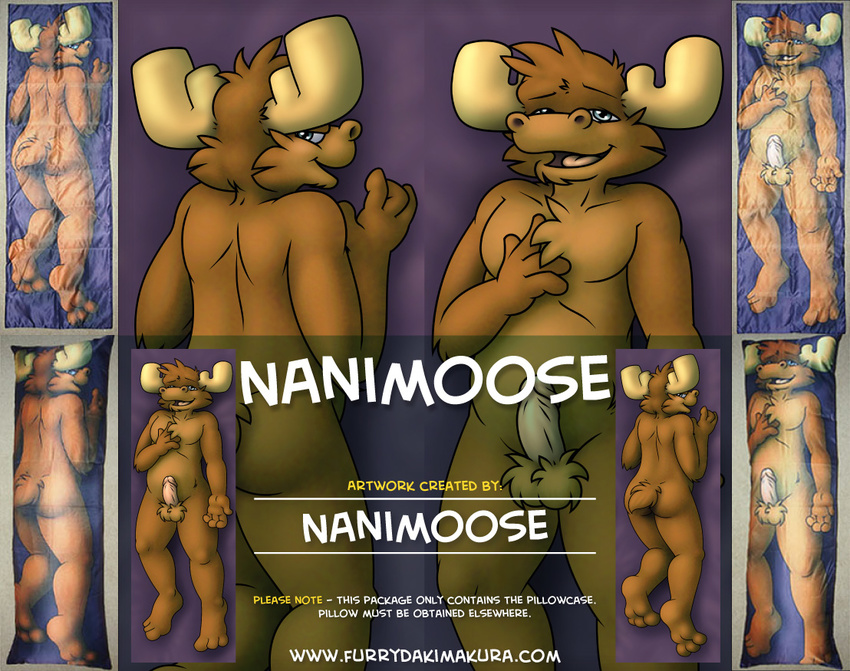 2014 advertisement annoying_watermark anthro balls bed_sheet butt cervine chubby dakimakura fur invalid_tag looking_at_viewer lying male mammal moose nanimoose nude on_back penis pillow pillowcase smile solo text watermark