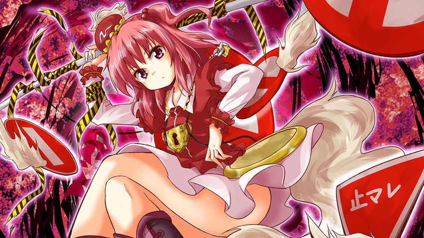 crossed_legs hair_bobbles hair_ornament hat jewelry kawashiro_mitori layered_sleeves lock long_sleeves looking_at_viewer nibi one_side_up padlock pendant polearm red_eyes red_hair road_sign shirt short_over_long_sleeves short_sleeves sign sitting skirt solo touhou upskirt weapon