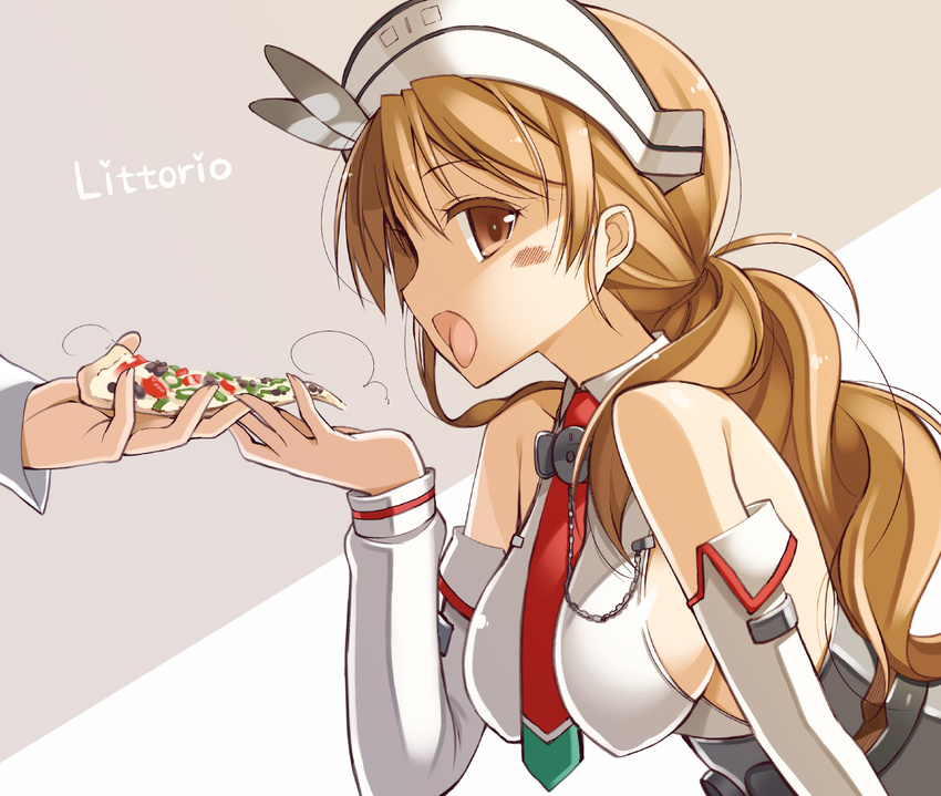 bare_shoulders blush breasts brown_eyes brown_hair character_name detached_sleeves food holding_pizza italy kantai_collection large_breasts littorio_(kantai_collection) long_hair looking_at_viewer necktie oota_yuuichi open_mouth pizza sideboob slice_of_pizza solo_focus