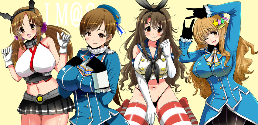 atago_(kantai_collection) atago_(kantai_collection)_(cosplay) bare_shoulders black_gloves black_panties blonde_hair breasts brown_eyes brown_hair cosplay elbow_gloves gloves hair_ornament hair_ribbon hairband highleg highleg_panties highres idolmaster idolmaster_cinderella_girls kantai_collection large_breasts long_hair looking_at_viewer low_twintails messy_hair miniskirt moroboshi_kirari multiple_girls mutsu_(kantai_collection) mutsu_(kantai_collection)_(cosplay) navel neckerchief nitta_minami no_pants one_eye_closed open_mouth panties pantyhose perepere-kun ponytail ribbon shimakaze_(kantai_collection) shimakaze_(kantai_collection)_(cosplay) shimamura_uzuki sitting skirt smile striped striped_legwear takao_(kantai_collection) takao_(kantai_collection)_(cosplay) thighhighs totoki_airi twintails underwear wariza white_gloves