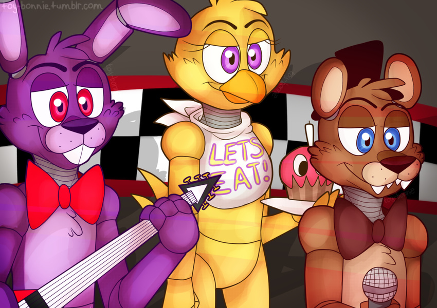 animatronic avian bear bird blue_eyes bonnie_(fnaf) bow_tie chica_(fnaf) chicken cupcake_(fnaf) female five_nights_at_freddy's freddy_(fnaf) hat lagomorph machine mammal mechanical purple_eyes rabbit red_eyes robot teeth top_hat toy-bonnie video_games