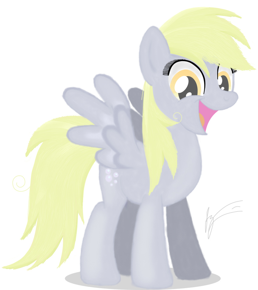 big_eyes blonde_hair cutie_mark derpy_hooves_(mlp) equine female friendship_is_magic fur grey_fur hair horse jessesmash32 looking_at_viewer mammal my_little_pony open_mouth plain_background pony smile solo tongue white_background wings