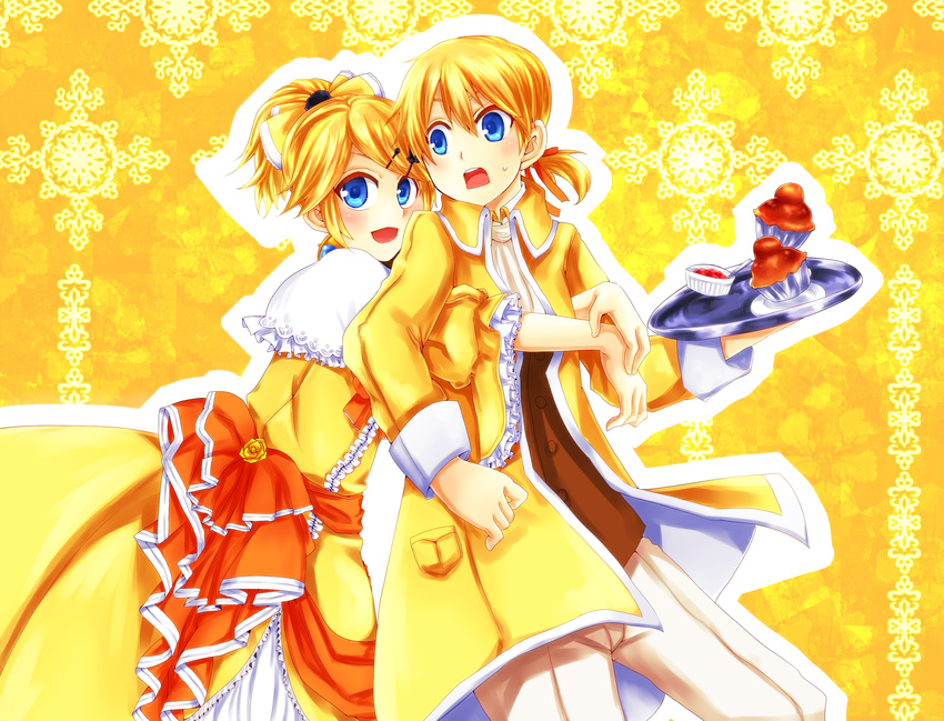 1girl aku_no_meshitsukai_(vocaloid) aku_no_musume_(vocaloid) allen_avadonia blonde_hair blue_eyes brioche brother_and_sister commentary_request cupcake dress evillious_nendaiki food frilled_dress frills hair_ornament hair_ribbon hairclip highres hug hug_from_behind kagamine_len kagamine_rin patterned_background ponytail ribbon riliane_lucifen_d'autriche seasnow siblings smile surprised twins vocaloid