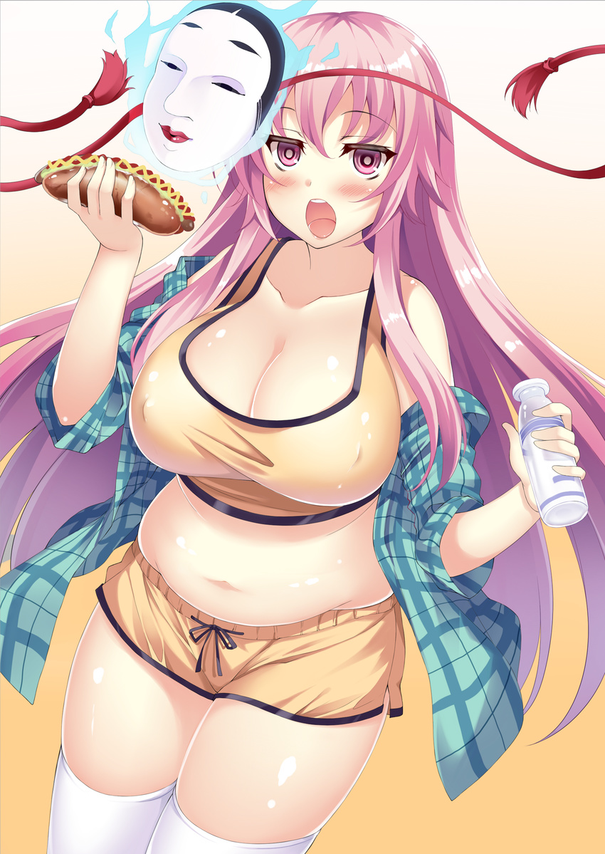absurdres belly blush bottle breasts covered_nipples gradient gradient_background hata_no_kokoro highres hot_dog kusano_(torisukerabasu) large_breasts long_hair long_sleeves looking_at_viewer mask midriff milk_bottle navel open_mouth pink_eyes pink_hair plaid plaid_shirt plump shirt shorts simple_background solo thick_thighs thighhighs thighs touhou very_long_hair white_legwear