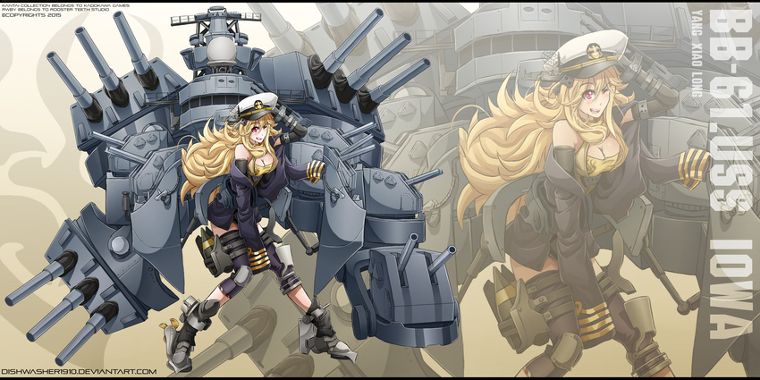 absurdres blonde_hair breasts character_name cleavage copyright_name crossover dishwasher1910 hat highres kantai_collection large_breasts long_hair one_eye_closed peaked_cap red_eyes rwby sailor_hat solo turret uss_iowa_(bb-61) watermark web_address yang_xiao_long zoom_layer