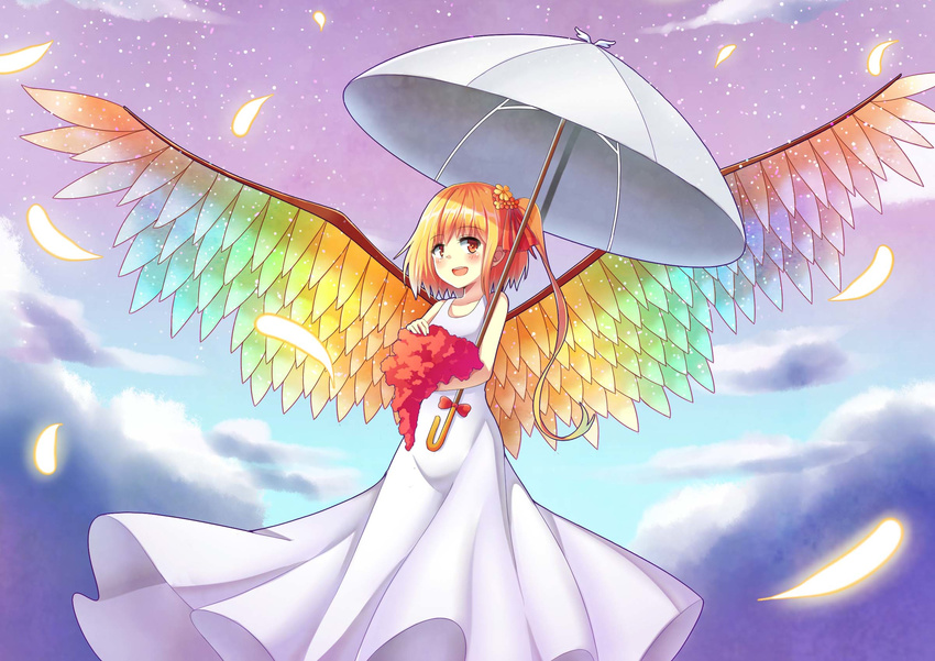 alternate_wings angel angel_wings blonde_hair blue_sky blush bouquet bow cloud dress feathered_wings feathers flandre_scarlet floating flower hair_ribbon highres kuta_(shi_cai) looking_at_viewer rainbow_order ribbon short_hair side_ponytail sky sleeveless sleeveless_dress smile solo star_(sky) starry_sky touhou umbrella white_dress wings