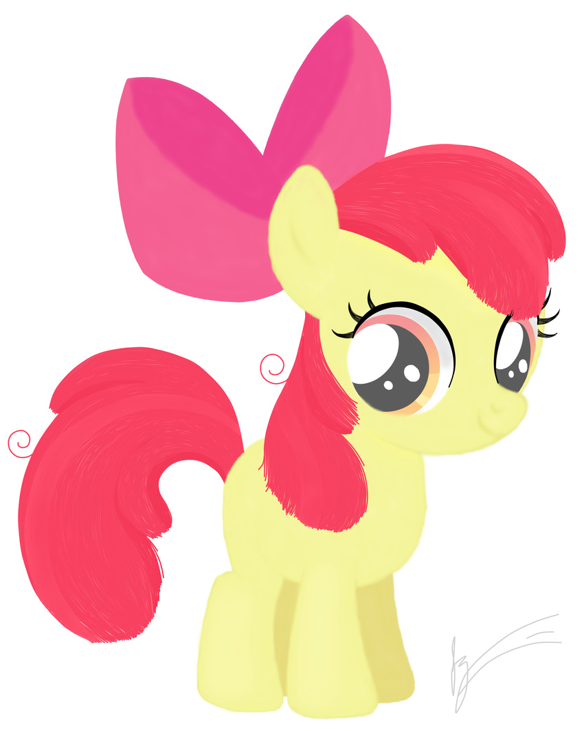 apple_bloom_(mlp) big_eyes equine female friendship_is_magic fur hair horse jessesmash32 looking_at_viewer mammal my_little_pony plain_background pony red_hair smile solo white_background yellow_fur young