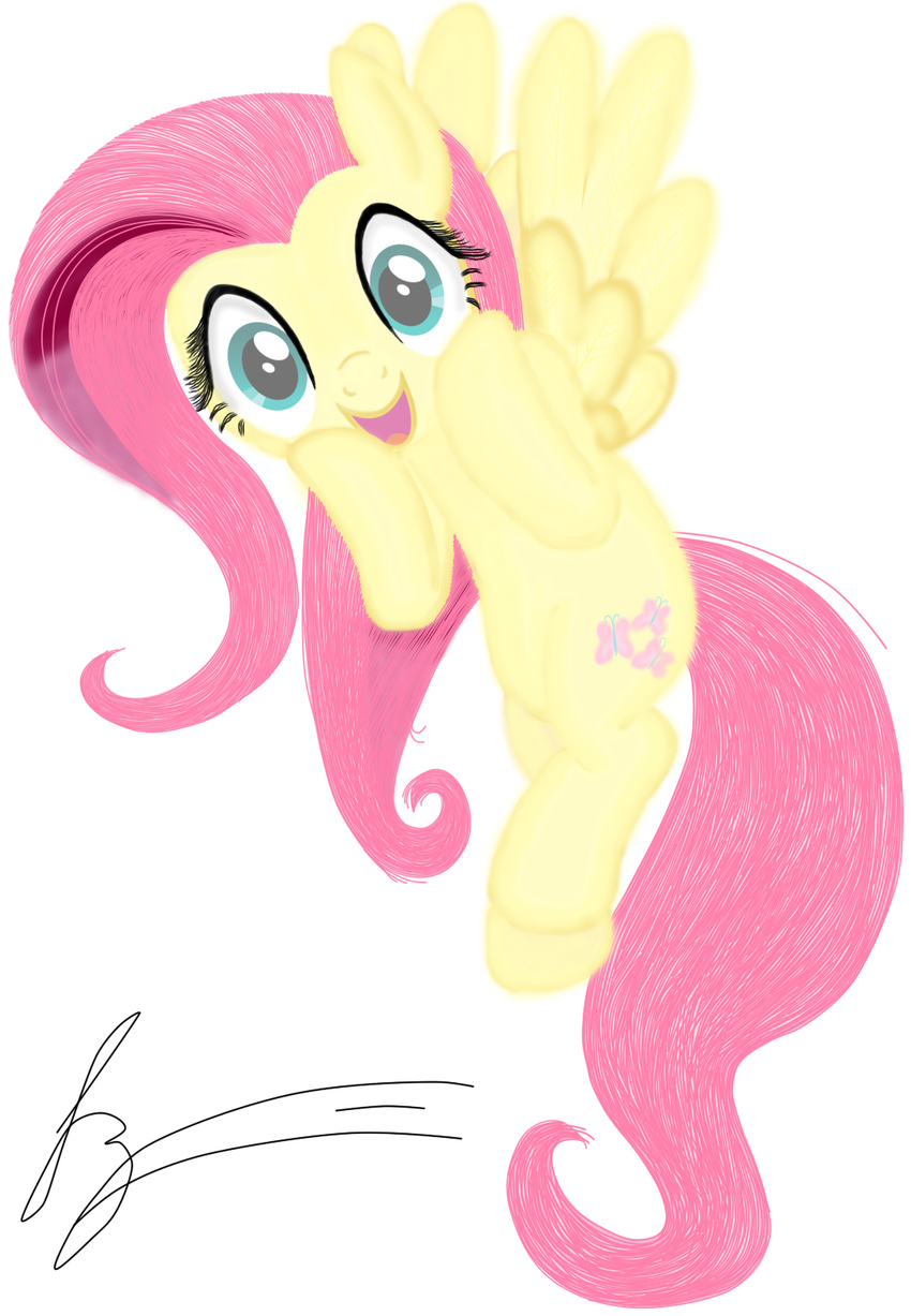 big_eyes cutie_mark equine female fluttershy_(mlp) friendship_is_magic fur hair horse jessesmash32 looking_at_viewer mammal my_little_pony open_mouth pink_hair plain_background pony smile solo tongue white_background wings yellow_fur