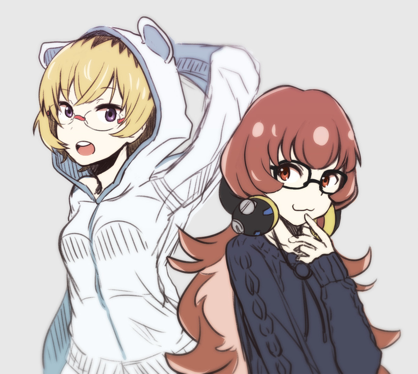 akku_lude aran_sweater blonde_hair brown_hair daihatsu_meika glasses headphones hikiotani_ito hood hoodie long_hair multiple_girls punch_line purple_eyes short_hair sweater