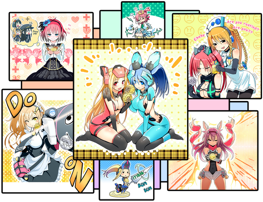 6+girls anger_vein animal_ears annoyed apron armor blonde_hair blue_eyes blue_hair braid brown_eyes cat_ears corona_cougar cosmic_break crimrose english flower gunbuster_pose hair_ornament heart ion_(cosmic_break) kuhl lance lazflamme lily_rain long_hair maid maid_apron maid_headdress mecha_musume medal mialy monica_gold multicolored_hair multiple_girls necktie nora_schneid pink_hair polearm polka_dot ponytail red_eyes red_hair rocket_launcher rouche rubbing scarf scope short_hair shorts skin_tight sleeping smile sound_effects thorns thought_bubble twintails two-tone_hair weapon winberrl yellow_eyes