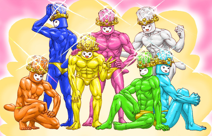 aqua_skin barefoot blue_skin commentary_request dory fairy_tone fary full_body gold_trim green_skin lary male_focus miry multiple_boys muscle no_humans one_eye_closed orange_skin personification pink_skin precure rery shirtless sitting sory standing suite_precure tail tiry v what white_skin yamakee_(y1m1d9) yellow_skin