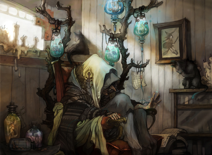 bad_id bad_pixiv_id candle cat cross elf fairy hong_yun_ji hood in_container intravenous_drip minigirl old old_woman original pointy_ears portrait_(object) room sitting solo witch