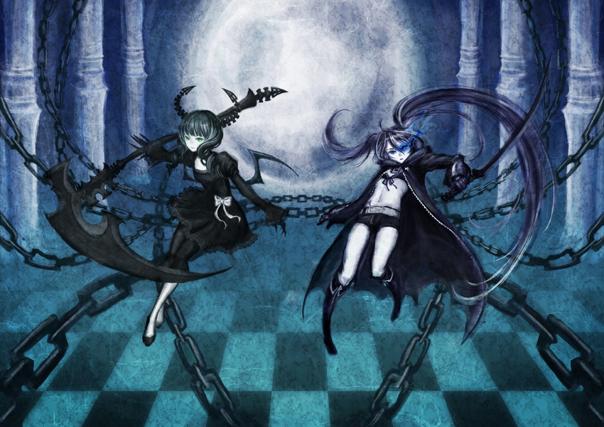 absurdres black_rock_shooter black_rock_shooter_(character) boots burning_eye capri_pants chain checkered checkered_floor dead_master dress highres hood hooded_jacket horns jacket katana multiple_girls navel pale_skin pants perspective shorts sword twintails uneven_twintails variy weapon wings