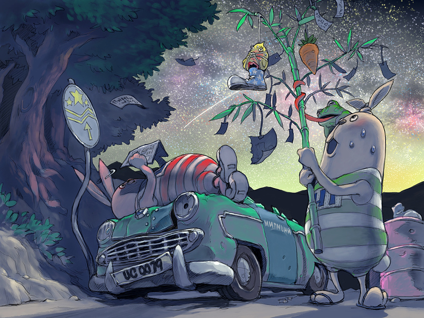 bunny car carrot drum_(container) frog ground_vehicle kirenenko komanech leningrad magazine motor_vehicle newspaper night no_humans pomodorosa putin road road_sign shoes shooting_star sign sneakers star sweat tanabata tanzaku tongue tree usavich