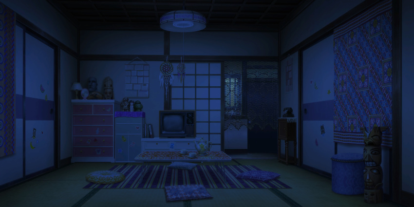 antique_phone bead_curtain beamed_eighth_notes book cabinet carpet crt cup cushion dark drawer dreamcatcher game_asset hanging_light haniwa_(statue) heart highres indoors mirror musical_note no_humans official_art phone rotary_phone saucer scenery sliding_doors sticker teacup teapot television third-party_source totem touhou touhou_lostword