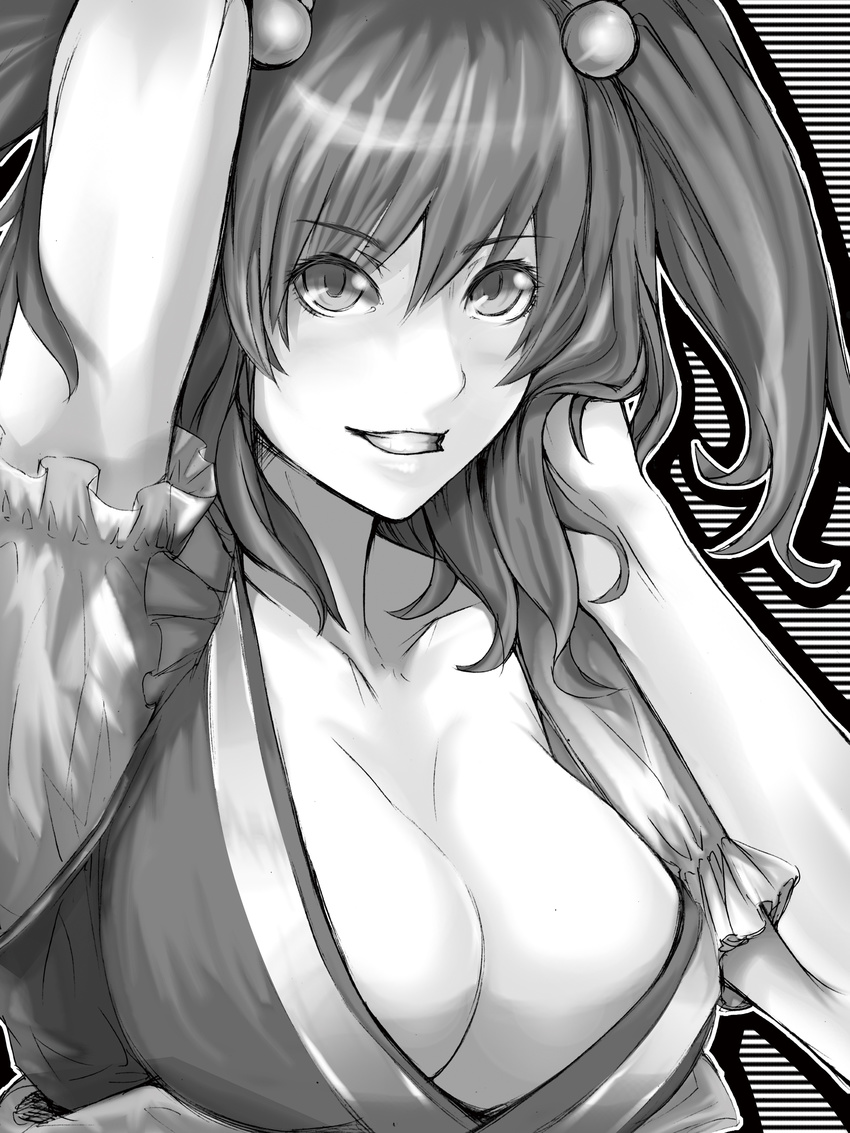 absurdres arm_up bad_id bad_pixiv_id breasts cleavage greyscale grin hair_bobbles hair_ornament highres large_breasts monochrome onozuka_komachi short_hair smile solo tenjiku_nezumi touhou two_side_up