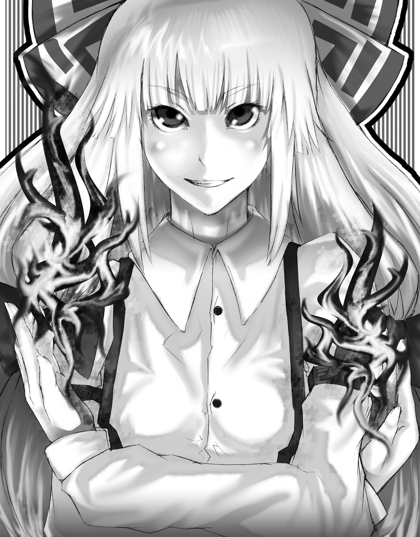 absurdres bad_id bad_pixiv_id bow fire fujiwara_no_mokou greyscale grin hair_bow highres long_hair monochrome smile solo suspenders tenjiku_nezumi touhou